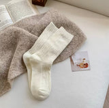 Cozy knit crew socks in off-white, close-up of the knit